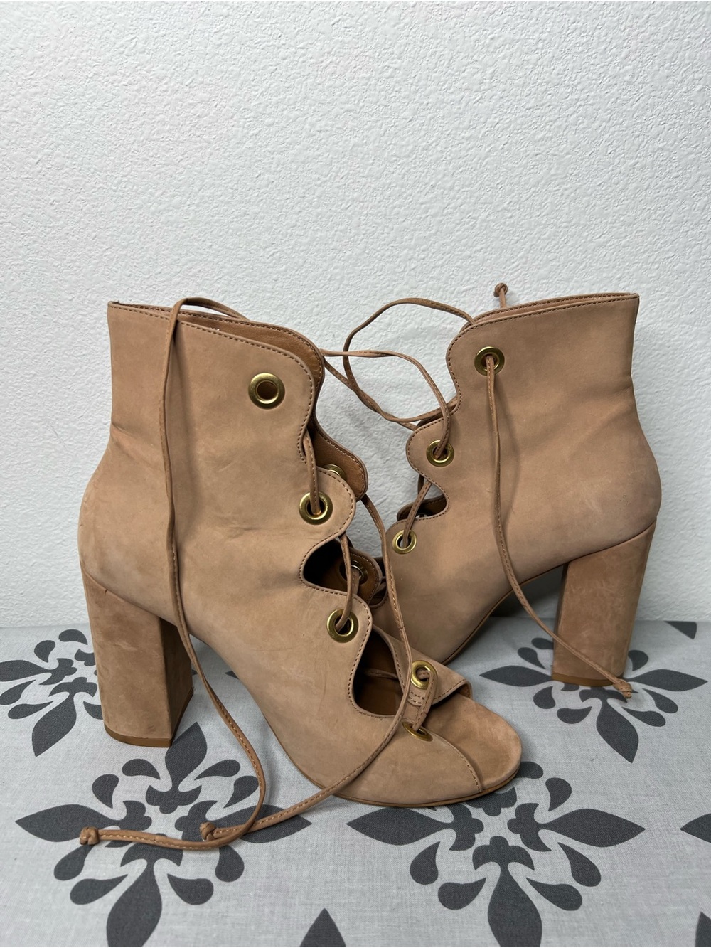 Steve Madden Women’s Lace-Up Peep Toe Block Heel Booties - Tan